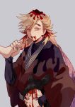  1boy 1girl absurdres blonde_hair blood blood_from_mouth blood_in_hair blood_on_leg character_request commentary_request corpse douma_(kimetsu_no_yaiba) eyebrows_visible_through_hair fingernails grey_background highres holding japanese_clothes kimetsu_no_yaiba kimono looking_at_viewer male_focus mogutofuoes obi parted_lips pink_eyes red_kimono sash sharp_fingernails short_hair simple_background solo_focus upper_body 