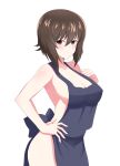  1girl absurdres apron bangs blue_apron blush breasts brown_eyes brown_hair cleavage closed_mouth cowboy_shot girls_und_panzer hand_on_hip hand_on_own_chest highres iteza_(flapper_girl_25) large_breasts looking_at_viewer naked_apron nishizumi_maho short_hair smile solo standing 