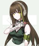  1girl bangs black_scarf breasts brown_hair closed_mouth eyebrows_visible_through_hair girls&#039;_frontline gloves green_eyes green_sweater_vest headset holding_walkie-talkie ingerdoll long_hair looking_at_viewer m4a1_(girls&#039;_frontline) medium_breasts multicolored_hair scarf single_glove solo sweater_vest upper_body walkie-talkie 