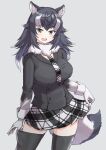  1girl animal_ears black_hair black_legwear black_necktie black_skirt blue_eyes breasts brown_eyes eyebrows_visible_through_hair gloves gradient_hair grey_wolf_(kemono_friends) heterochromia highres kemono_friends kimurayou103 large_breasts long_hair long_sleeves looking_at_viewer multicolored_hair necktie pleated_skirt skirt solo tail thighhighs white_gloves white_hair wolf_ears wolf_girl wolf_tail 