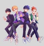  4boys absurdres black_hair black_jacket black_pants blonde_hair blue_eyes closed_mouth collared_shirt commentary_request full_body gakuran green_necktie grey_background hanazawa_teruki hand_in_pocket highres jacket kageyama_ritsu kageyama_shigeo letterman_jacket long_sleeves looking_at_viewer male_focus mob_psycho_100 mogutofuoes multiple_boys necktie orange_hair pants parted_lips purple_jacket school_uniform shirt short_hair simple_background spiked_hair striped_necktie suzuki_shou v white_footwear white_shirt 