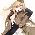  1girl bangs black_panties blonde_hair breasts brown_headwear brown_jacket browning_m1919 eyebrows_visible_through_hair girls&#039;_frontline gun hair_ornament hairclip hat holding holding_gun holding_weapon ingerdoll jacket long_hair looking_at_viewer m1919a4_(girls&#039;_frontline) machine_gun military_hat no_bra open_clothes open_jacket open_mouth panties panties_under_pantyhose pantyhose purple_eyes shell_casing simple_background small_breasts solo underwear upper_body weapon weapon_case white_legwear 