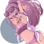  1girl :o arms_up bikini blush breasts eyewear_on_head hair_between_eyes highres kemono_jihen lazu0721 long_hair looking_at_viewer navel pink_eyes pink_hair pink_swimsuit simple_background small_breasts solo standing striped striped_bikini sunglasses swimsuit tademaru_aya v 