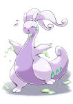  2021 ambiguous_gender bodily_fluids dragon goodra green_eyes japanese_text kemono monuke30 nintendo pok&eacute;mon pok&eacute;mon_(species) scalie simple_background slightly_chubby slime solo standing text thick_tail thick_thighs video_games white_background 