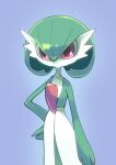  2021 big_forearms blue_background female flat_chested forearms gardevoir green_body green_hair green_skin hair hair_over_eye humanoid looking_at_viewer monuke30 multicolored_body nintendo not_furry one_eye_obstructed pok&eacute;mon pok&eacute;mon_(species) pseudo_clothing red_eyes simple_background smile solo standing two_tone_body video_games white_body white_skin 