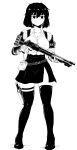  1girl absurdres breasts cleavage formicid gloves greyscale gun highres holding holding_gun holding_weapon knife knife_holster large_breasts monochrome original pouch revision shotgun skirt solo thighhighs weapon 