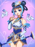  1girl animal_on_head artist_name bangs bare_shoulders black_hair blue_eyes blue_hair blunt_bangs breasts bunny cowboy_shot detached_sleeves double_bun dress earrings gradient gradient_background hair_ornament hair_rings highres holding jewelry league_of_legends long_hair lux_(league_of_legends) medium_hair nanumn official_alternate_costume on_head parted_lips pink_background porcelain_lux red_lips small_breasts smile teeth 