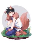  1boy absurdres animal_ears animal_feet animal_hands belt belt_buckle black_hair buckle closed_eyes closed_mouth commentary_request denim dog_ears dog_tail full_body fur_collar gloves grey_background highres jeans kageyama_ritsu male_focus mob_psycho_100 mogutofuoes pants paw_gloves shirt short_hair sleeveless sleeveless_shirt solo spiked_hair tail two-tone_background white_background white_shirt 