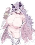  1girl aqua_eyes areolae bangs breasts constricted_pupils eyebrows_visible_through_hair female_pubic_hair hair_between_eyes highres horns huge_breasts light_purple_hair long_hair looking_at_viewer mismatched_pubic_hair navel nipples nyong_nyong original pointy_ears pubic_hair purple_legwear simple_background solo striped_horns thighhighs uneven_eyes very_long_hair white_background 