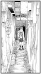  1girl absurdres alley backpack bag closed_mouth greyscale highres kneehighs loafers looking_at_viewer medium_hair monochrome nakachiruno original outdoors shoes solo standing 