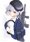 1girl assault_rifle backpack bag bangs beret black_gloves closed_mouth eyebrows_visible_through_hair girls&#039;_frontline gloves gun hat highres ingerdoll light_blue_hair looking_at_viewer over_shoulder rifle shirt short_hair simple_background six12 six12_(girls&#039;_frontline) solo twitter_username upper_body weapon weapon_over_shoulder white_shirt yellow_eyes 