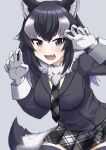  1girl animal_ears black_hair black_necktie black_skirt blue_eyes blush breasts brown_eyes eyebrows_visible_through_hair fang gloves gradient_hair grey_wolf_(kemono_friends) heterochromia highres kemono_friends kimurayou103 large_breasts long_hair long_sleeves looking_at_viewer multicolored_hair necktie open_mouth skirt smile solo tail white_gloves white_hair wolf_ears wolf_girl wolf_tail 