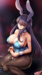 1girl animal_ears bar_censor black_legwear blue_leotard breasts censored closed_mouth condom covered_nipples cum cum_on_clothes detached_collar erection eyebrows_visible_through_hair female_masturbation futanari heart highres large_breasts leotard licking_lips long_hair masturbation original pantyhose penis playboy_bunny rabbit_ears rabbit_tail sitting smile solo tail testicles thick_eyebrows tongue tongue_out ubanis used_condom very_long_hair wrist_cuffs 