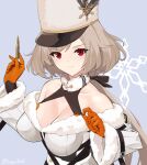  1girl bangs bare_shoulders blonde_hair breasts bullet cleavage closed_mouth coat collarbone eyebrows_visible_through_hair girls&#039;_frontline gloves hair_ribbon holding holding_bullet ingerdoll kord_(girls&#039;_frontline) large_breasts light_blue_background long_hair looking_at_viewer orange_gloves papakha red_eyes ribbon simple_background smile snowflake_print solo twitter_username upper_body white_coat white_headwear winter_clothes winter_coat 