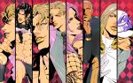  6+boys abs araki_hirohiko_(style) artist_request bad_id bad_pixiv_id battle_tendency black_necktie black_scarf black_shirt blonde_hair closed_mouth dark-skinned_male dark_skin diamond_wa_kudakenai diavolo diego_brando dio_brando enrico_pucci evil_grin evil_smile formal funny_valentine green_shirt grey_eyes grey_hair grin highres jacket jojo_no_kimyou_na_bouken kars_(jojo) kira_yoshikage long_hair long_sleeves looking_at_viewer multiple_boys muscular muscular_male nail_polish necktie open_mouth phantom_blood pink_eyes pink_hair pink_jacket polo_shirt priest red_background scarf shirt short_hair smile stardust_crusaders steel_ball_run stone_ocean teeth tongue tongue_out vampire vento_aureo vinegar_doppio wavy_hair white_headwear white_jacket yellow_eyes yellow_lips yellow_nails 