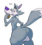 anthro big_butt bodily_fluids butt canid canine canis chip_the_wolf cookie cookie_crisp cute_fangs food grey_body grin hi_res huge_butt looking_back male mammal nondelismell nude presenting presenting_hindquarters purple_nose rear_view smile solo standing sweat sweatdrop teapot_(body_type) thick_thighs wolf 