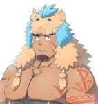  1boy bara bare_pectorals between_pectorals bodypaint brown_hair character_hood chest_harness facial_hair goatee goryou_(housamo) gullinbursti_(housamo) harness hood hood_up large_pectorals long_sideburns looking_at_viewer male_focus muscular muscular_male nipples pectorals pig_hood short_hair sideburns solo tokyo_afterschool_summoners tusks underbust upper_body yanutorie 