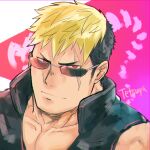  1boy bara blonde_hair face hiraga0613 long_sideburns looking_at_viewer male_focus multicolored_hair muscular muscular_male pectoral_cleavage pectorals portrait red_eyes scar scar_across_eye scar_on_face short_hair sideburns sleeveless smile solo tetsuya_(housamo) tokyo_afterschool_summoners two-tone_hair undercut 
