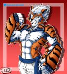  abs absurd_res anthro black_nose bottomwear chinese_zodiac clothing digital_media_(artwork) fan_character felid hair hi_res jackintaro looking_at_viewer machine male mammal muscular muscular_anthro muscular_male orange_body pantherine pants pecs robot scar simple_background smile solo teeth tiger white_body white_hair year_of_the_tiger yellow_eyes 