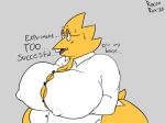  alphys anthro belly big_breasts blush bodily_fluids breasts buckteeth clothing coat dialogue english_text eyewear female front_view glasses huge_breasts huge_hips lab_coat lizard nipple_outline nipples non-mammal_breasts non-mammal_nipples open_mouth overweight overweight_anthro overweight_female reptile roccorox scales scalie short_tail signature simple_background solo straining_buttons sweat teeth text thick_tail three-quarter_view topwear undertale undertale_(series) video_games yellow_body yellow_scales 