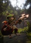  3d_(artwork) anthro bottomless cape clothed clothing crossbow digital_media_(artwork) dota female forest forest_background fur genitals hi_res hood hoodwink_(dota) mammal nature nature_background plant pose pussy ranged_weapon red_body red_fur rodent sciurid solo tree tree_squirrel video_games weapon 