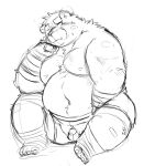  2022 96panda anthro balls belly blush clothing flaccid genitals hi_res kemono male mammal monochrome moobs navel nipples overweight overweight_male penis simple_background sitting sketch small_penis solo underwear ursid white_background 