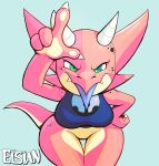  anthro bell bell_collar blue_eyes bottomless breasts clothed clothing collar elsian featureless_crotch female hand_gesture hand_on_hip hi_res horn jennie_koe_bolde jingle_bell kobold looking_at_viewer non-mammal_breasts pink_body pink_scales reptile scales scalie simple_background solo tongue tongue_out topwear 