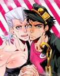  2boys anzumame black_hair blue_eyes chain cheek-to-cheek earrings grey_hair hat heads_together interlocked_fingers jean_pierre_polnareff jewelry jojo_no_kimyou_na_bouken kujo_jotaro large_pectorals male_focus multiple_boys pectorals purple_eyes red_shirt shirt stardust_crusaders swat 