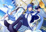  1boy :d blue_eyes blue_flower blue_hair blue_rose capelet carousel coat crossed_legs crown flower fur-trimmed_capelet fur_trim headset horn_speaker kaito_(vocaloid) kaito_(vocaloid3) male_focus nokuhashi rose scarf smile solo vocaloid 