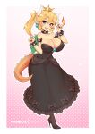  1girl armlet artist_name bare_shoulders between_breasts black_bow black_collar black_dress black_leotard blonde_hair blue_eyes bow bowsette bracelet breasts breathing_fire brooch claw_pose cleavage collar collarbone commission covered_nipples crown curvy dress earrings fingernails fire frilled_dress frills full_body genderswap hands_up high_heels horns jewelry large_breasts leotard looking_at_viewer mario_(series) new_super_mario_bros._u_deluxe open_mouth pointy_ears sharp_fingernails sharp_teeth skirt solo spiked_armlet spiked_bracelet spiked_collar spiked_shell spiked_tail spikes strapless strapless_dress strapless_leotard super_crown super_mario_bros. tail teeth tongue tongue_out transformation turtle_shell virus-g wide_hips 
