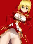  1girl ahoge awa blonde_hair braid breasts cleavage dress epaulettes fate/extra fate_(series) gloves green_eyes hair_intakes hair_ribbon looking_at_viewer nero_claudius_(fate) nero_claudius_(fate/extra) open_mouth red_dress ribbon short_hair simple_background solo 