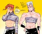  2boys abs anzumame blue_eyes blush crop_top earrings facepalm grey_hair high_collar jean_pierre_polnareff jewelry jojo_no_kimyou_na_bouken kakyoin_noriaki male_focus midriff multiple_boys no_eyes red_hair reverse_outfit shirt shrug_(clothing) stardust_crusaders strapless striped striped_shirt tube_top turtleneck white_hair wristband 