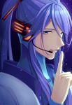  1boy blue_eyes finger_to_mouth hand_up headset highres kamui_gakupo long_hair male_focus nokuhashi ponytail purple_hair shushing solo vocaloid 