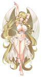  1girl absurdres alternate_breast_size alternate_costume angel_wings arm_strap barefoot bikini blonde_hair blush breasts cleavage dancer earrings feathered_wings fire_emblem fire_emblem:_path_of_radiance fire_emblem:_radiant_dawn fire_emblem_heroes full_body hand_up highres jewelry leanne_(fire_emblem) leg_strap long_hair navel nez-box open_mouth swimsuit very_long_hair white_background white_bikini white_wings wings yellow_eyes 