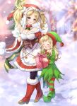  2girls age_regression asymmetrical_bangs bangs blonde_hair blue_eyes fire_emblem fire_emblem_awakening fire_emblem_fates gift grandmother_and_granddaughter highres holding holding_gift lissa_(fire_emblem) long_hair multiple_girls official_alternate_costume open_mouth ophelia_(fire_emblem) santa_costume snow younger yurufuwa_milk 