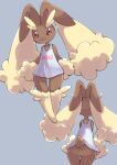  2020 anthro bottomless butt clothed clothing digital_media_(artwork) featureless_crotch front_view grey_background lagomorph lopunny mammal monuke30 multiple_angles nintendo no_underwear partially_clothed pok&eacute;mon pok&eacute;mon_(species) rear_view scut_tail shirt short_tail simple_background solo tank_top text text_on_clothing text_on_topwear topwear video_games 