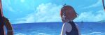  1girl ahoge bare_shoulders bird cloud cloudy_sky cowlick glasses green_eyes headband highres horizon lifebuoy looking_back ocean original red_hair rope rou_(rou22) ruins seagull short_hair sky tower 