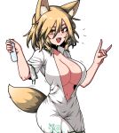  1girl alternate_breast_size animal_ear_fluff animal_ears blonde_hair blush breasts collarbone corked_bottle cowboy_shot finger_touching formicid fox_ears fox_girl fox_shadow_puppet fox_tail green_ribbon hands_up holding holding_test_tube jaggy_line kudamaki_tsukasa large_breasts looking_at_viewer navel open_clothes open_mouth ribbon romper sharp_teeth short_hair short_sleeves simple_background solo sweat tail teeth test_tube touhou white_background yellow_eyes 