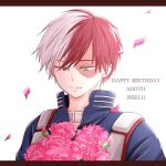  1boy bangs bloom blue_eyes blurry blurry_foreground boku_no_hero_academia bouquet burn_scar character_name costume dated english_text falling_petals happy_birthday heterochromia high_collar highres long_bangs looking_down male_focus multicolored_hair petals portrait red_hair rgsmjwmhphq1mkn scar scar_on_face short_hair smile solo split-color_hair todoroki_shouto two-tone_hair white_background white_hair 