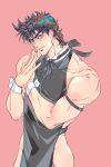  1boy alternate_costume bare_shoulders battle_tendency birthmark blue_eyes blue_nails brown_hair cowboy_shot highres joestar_birthmark jojo_no_kimyou_na_bouken joseph_joestar joseph_joestar_(young) male_focus naked_tabard solo tabard waiter wrist_cuffs xing_xiao 