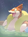  2020 ambiguous_gender bath blush eyes_closed fangs floatzel monuke30 night nintendo open_mouth partially_submerged pok&eacute;mon pok&eacute;mon_(species) semi-anthro sky smile solo star starry_sky steam video_games wet 