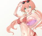  1girl aqua_eyes ball bangs bikini breasts carcano_m1891_(girls&#039;_frontline) collarbone eyebrows_visible_through_hair eyewear_on_head girls&#039;_frontline hair_ribbon hand_on_eyewear holding holding_ball ingerdoll long_hair looking_at_viewer medium_breasts navel open_mouth pink_bikini pink_hair pink_swimsuit ribbon smile swimsuit teeth upper_body upper_teeth white_background 