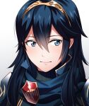  1girl ameno_(a_meno0) bangs blue_eyes blunt_bangs close-up emblem fire_emblem fire_emblem_awakening hair_between_eyes long_hair looking_to_the_side lucina_(fire_emblem) scarf smile solo sweater symbol-shaped_pupils tiara white_background 