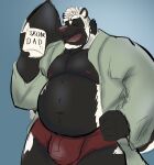  2022 anthro belly black_body bulge clothed clothing dippubear eyes_closed hi_res humanoid_hands male mammal mephitid moobs mug nipples open_clothing open_shirt open_topwear overweight overweight_male shirt simple_background skunk solo topwear underwear white_body 