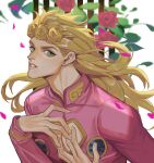  1boy blonde_hair braid bug cleavage_cutout clothing_cutout earrings flower giorno_giovanna green_eyes hair_down hand_on_own_chest highres jewelry jojo_no_kimyou_na_bouken ladybug long_hair male_focus manly rose solo spadelake vento_aureo 