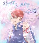  1boy bangs blue_eyes blurry blurry_background boku_no_hero_academia burn_scar character_name cherry_blossoms costume dappled_sunlight english_text falling_petals flower gauntlets hair_between_eyes happy_birthday heterochromia high_collar highres holding holding_flower long_bangs looking_at_viewer male_focus multicolored_hair open_mouth petals piiinon168 red_hair scar scar_on_face short_hair smile solo split-color_hair sunlight todoroki_shouto two-tone_hair upper_body white_hair 