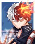  1boy bangs blue_background blue_eyes boku_no_hero_academia burn_scar character_name costume dated english_text fire foreground_text frost hair_between_eyes hand_up happy_birthday heterochromia highres long_bangs looking_at_viewer male_focus multicolored_hair ne_o_92 outside_border portrait red_hair scar scar_on_face short_hair signature smile solo special_moves split-color_hair todoroki_shouto two-tone_hair white_hair 