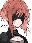  1girl black_blindfold blindfold breasts cleavage cleavage_cutout clothing_cutout cosplay english_text fire_emblem fire_emblem_fates nier_(series) nier_automata pink_hair puffy_sleeves sakura_(fire_emblem) short_hair simple_background solo thigh_high_tavi yorha_no._2_type_b yorha_no._2_type_b_(cosplay) 