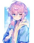  1boy absurdres blue_hair blush food heterochromia highres hot long_sleeves looking_to_the_side male_focus open_clothes open_shirt original pink_hair popsicle red_hair sweat uenomigi 