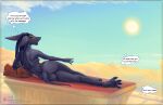  2022 4_toes 5_fingers absurd_res anthro black_hair breasts canid canine canis day detailed_background diigtal english_text feet female fingers hair hi_res jackal mammal nippers nude outside sky text toes viwrastupr 